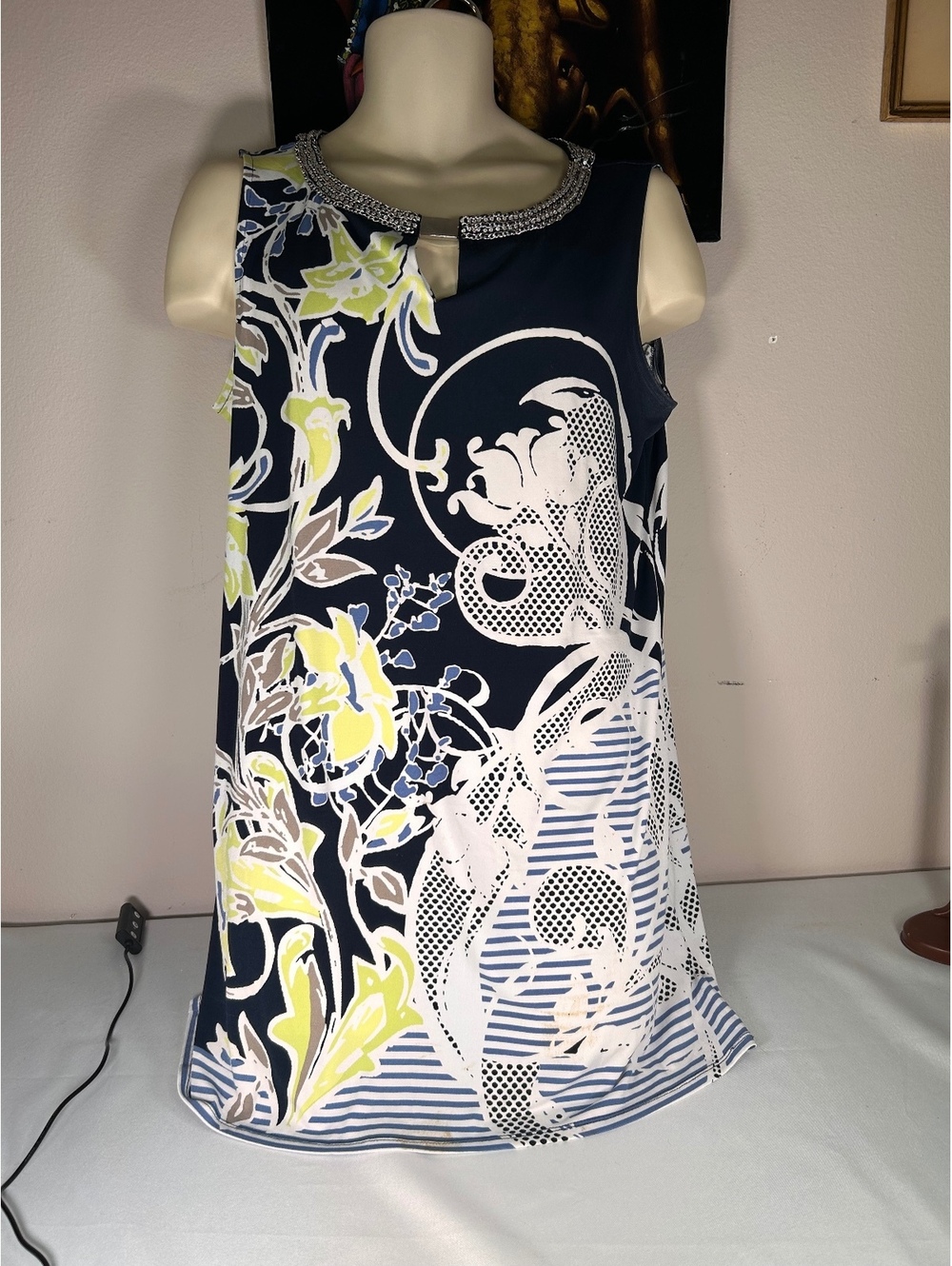 Alfani Sleeveless Floral Print Shift Dress with Embellished Neckline